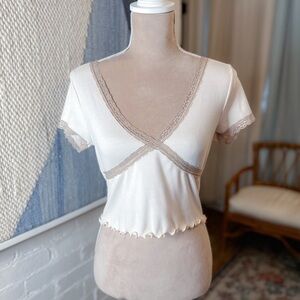 Full Tilt Ribbed Lace Trim Ivory Shirt